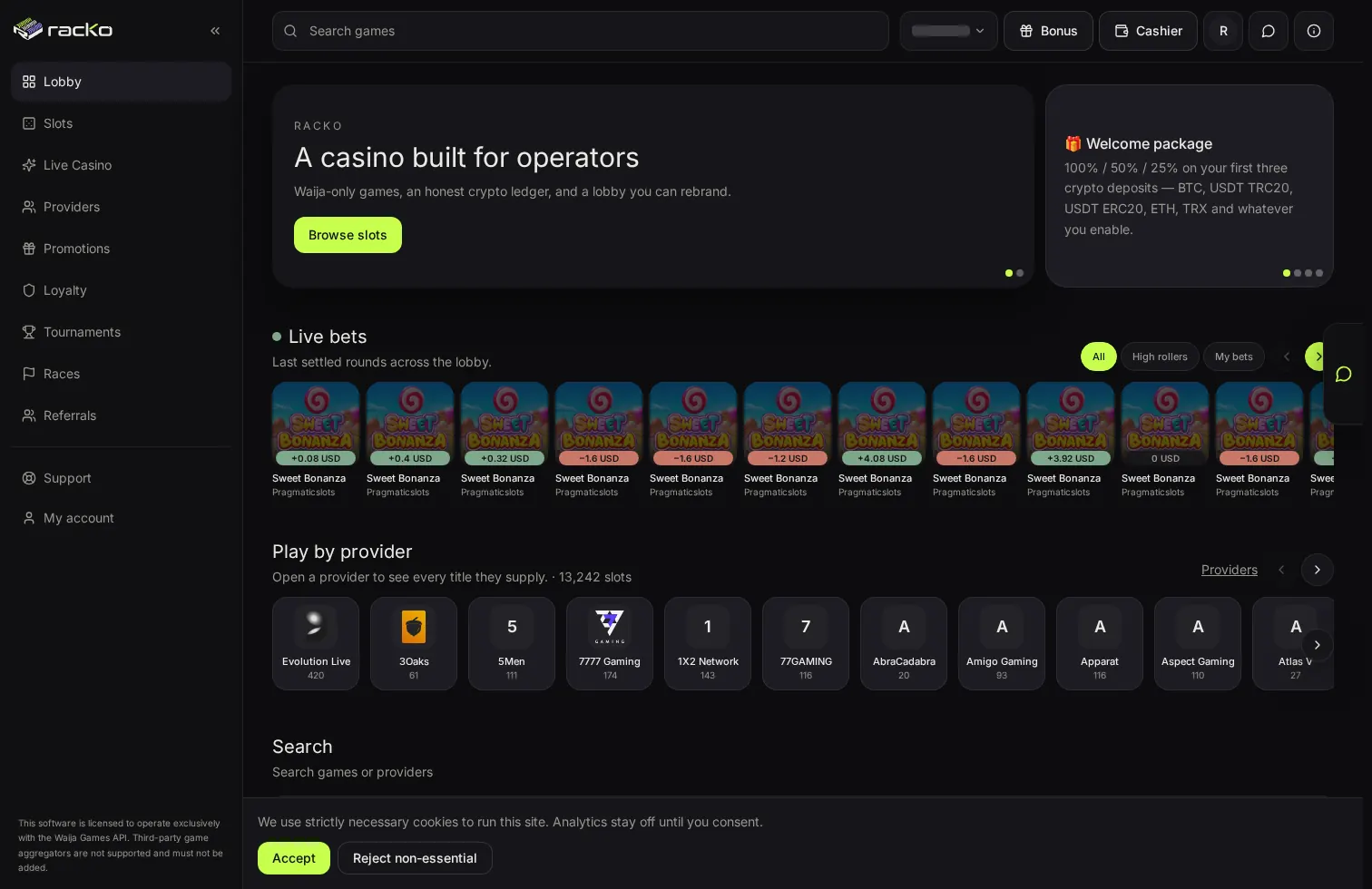 Racko player casino on desktop